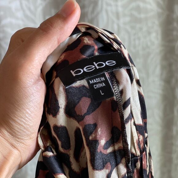 NWOT Vintage Y2K Bebe Leopard Print Silk Blouse Mob Wife Asymmetrical Bow Size L - Picture 6 of 8